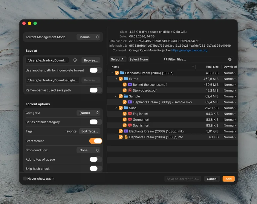 The Add Torrent window with the file tree and options