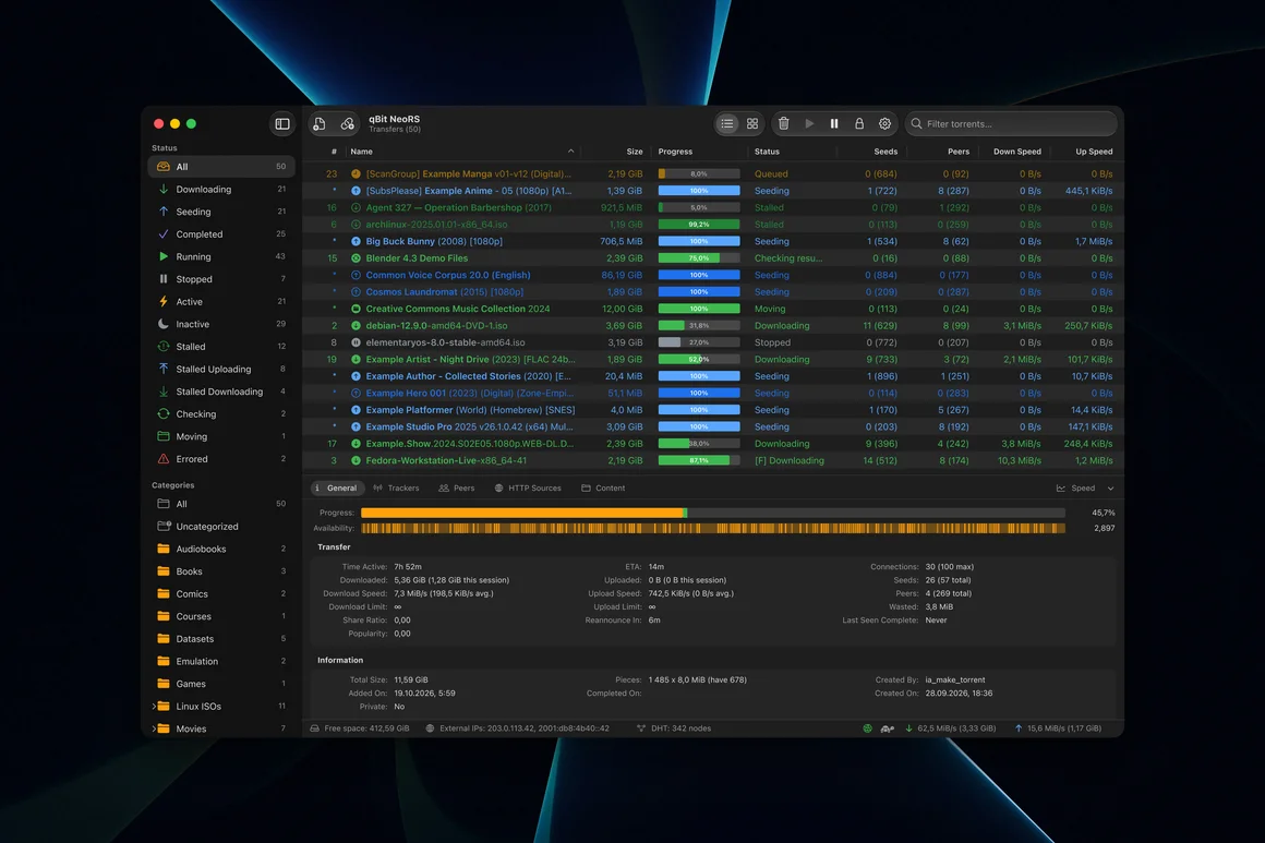 qBit NeoRS: the main window with the torrent list, filters and details