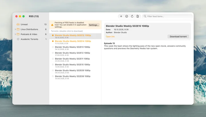 The RSS reader with feeds and articles